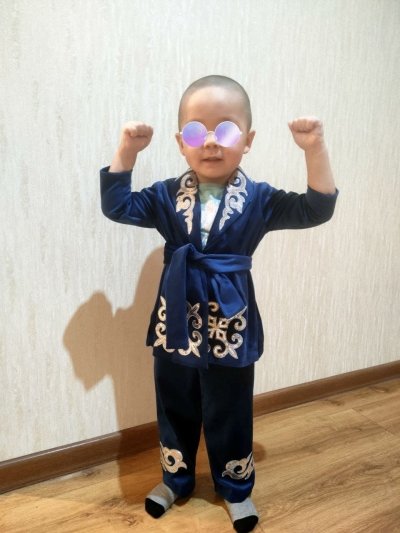 Синий детский казахский национальный костюм для мальчика 1-3 напрокат в Алматы